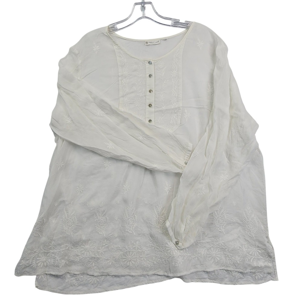 J. Jill White Embroidered Henley Blouse Boho‎ Cottagecore Peasant Coastal XL